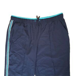 ​WOMENS NAVY BLUE CAPRI PANTS SIZE 40 TEAL SIDE STRIPE ATHLETIC PULL ON CROPPED